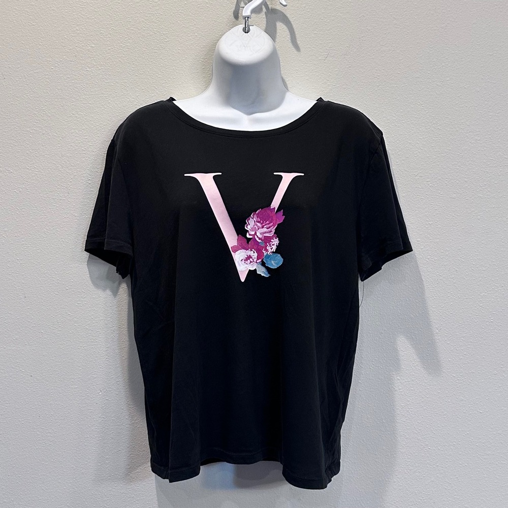 VICTORIAS SECRET Black V‎ Floral Graphic T Shirt Womens Size M Romantic Whimsy